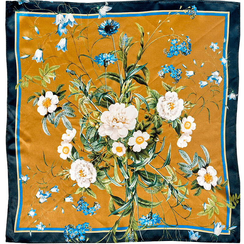Silketørklæde -Blue flower garden Guld 90cm.